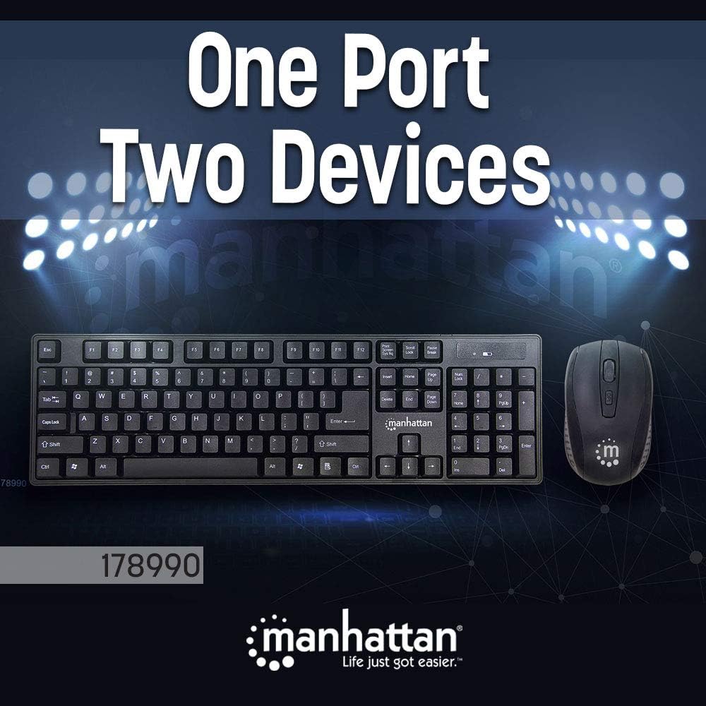 Manhattan Combo de teclado y mouse inalámbricos, juego de teclado inalámbrico USB de tamaño completo con dongle de 2.4 GHz para PC, computadora