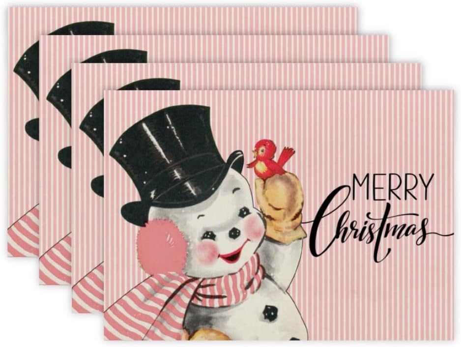 Juego de 4 manteles individuales de Navidad rosa con sombrero negro, muñeco de nieve, pájaro rojo, para cocina, comedor, decoración de fiestas en