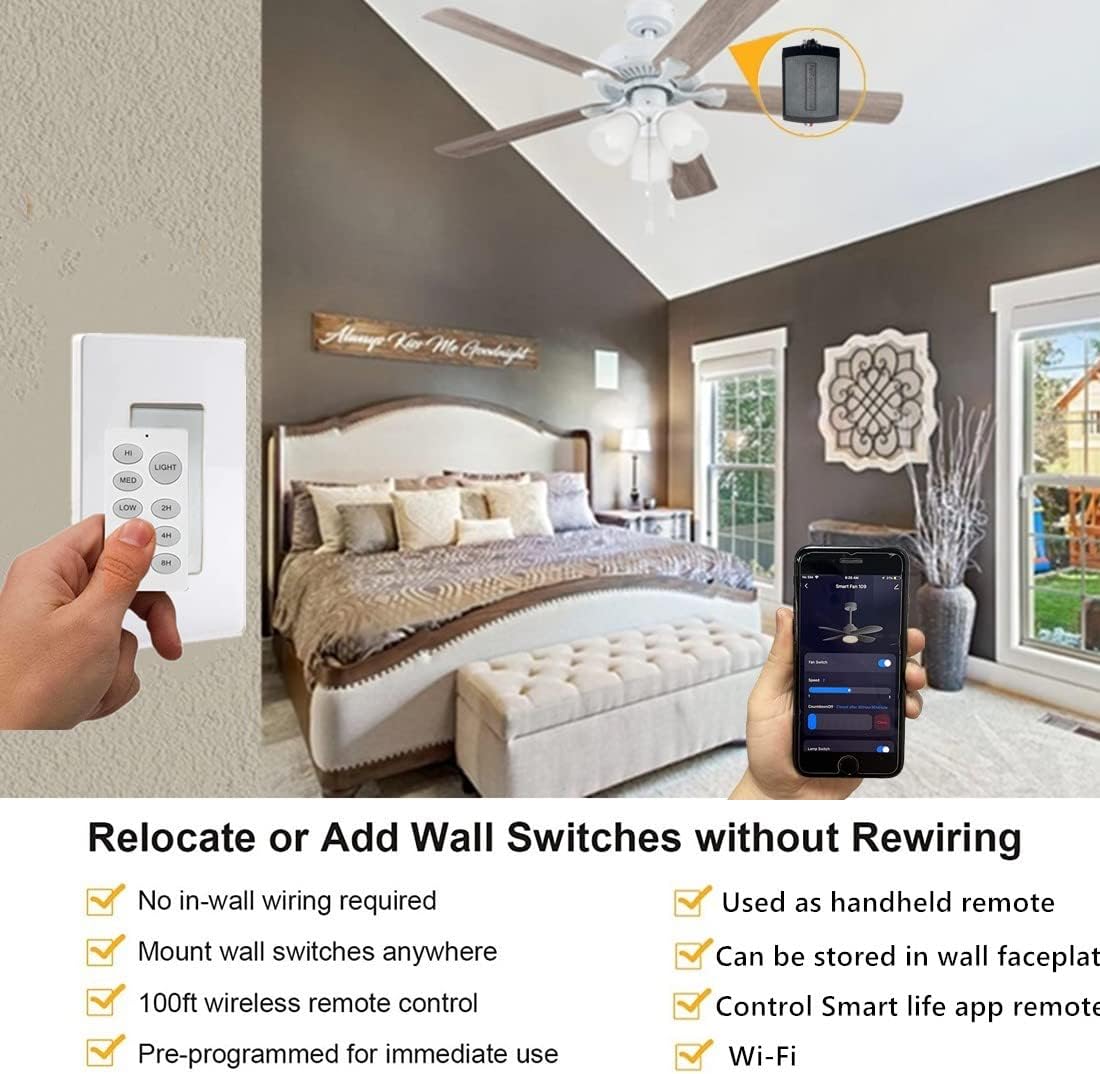 Nexete Kit de control remoto universal para ventilador de techo, inalámbrico montado en la pared, repuesto de sincronización de velocidad del