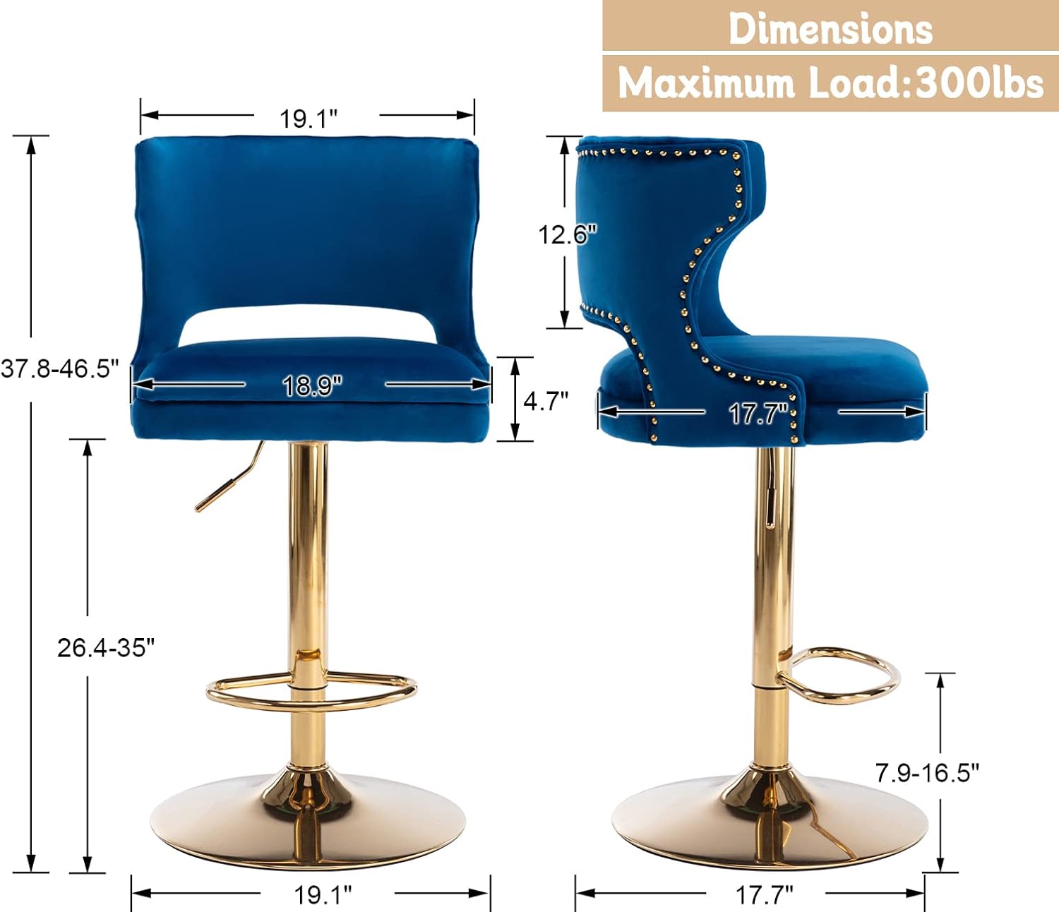 Shunzhi Juego de 2 taburetes de bar giratorios de terciopelo ajustables con altura de mostrador con respaldobase, sillas de bar modernas tapizadas