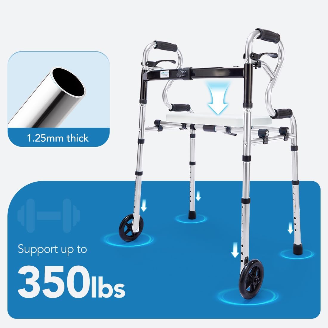 Health Line Massage Products – Andador plegable 4 en 1 con asiento de productos de masaje, andadores plegables ajustables de ancho con ruedas de 5