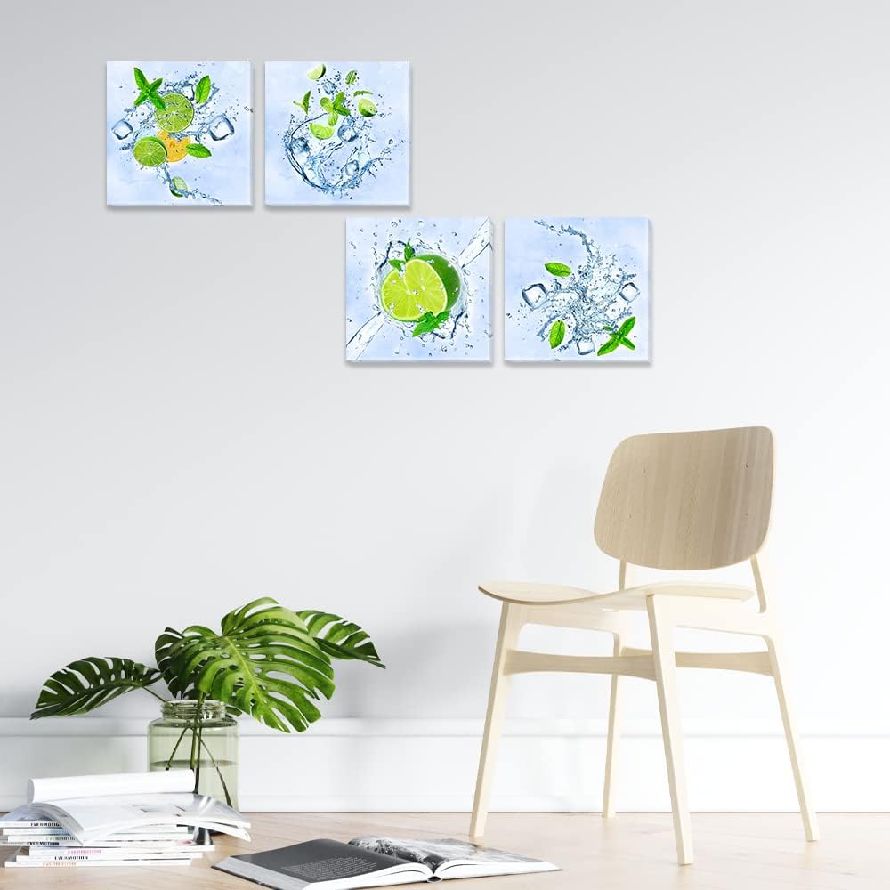 Imágenes verdes de cocina con frutas para decoración de pared, hojas de limón y menta, impresiones en lienzo, pinturas de hielo, arte de pared para