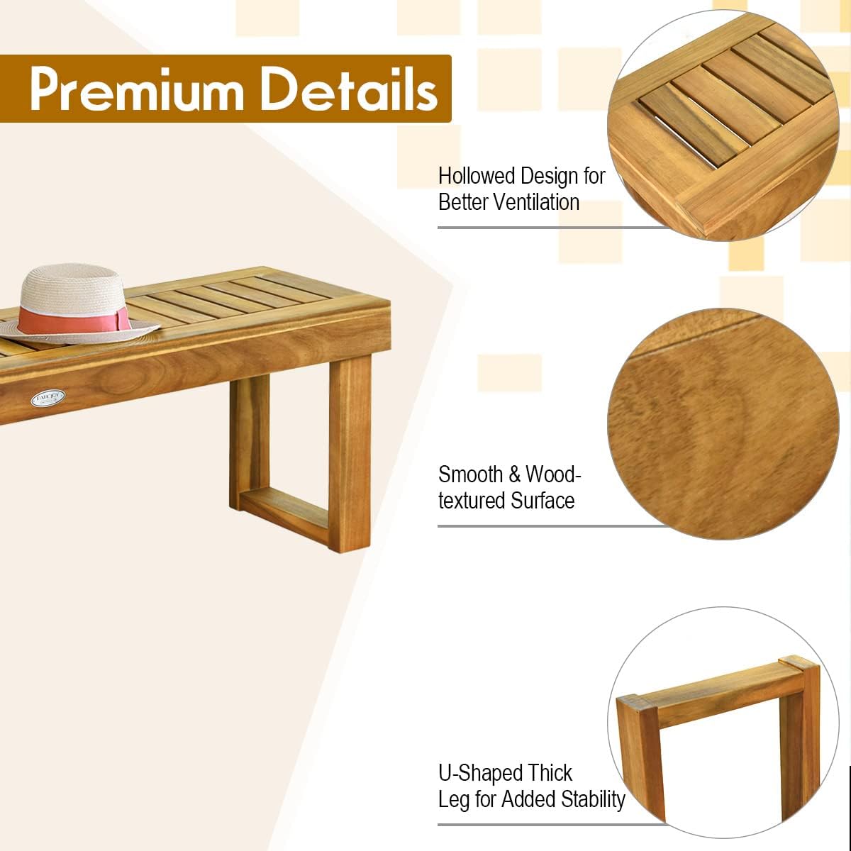 Tangkula Banco de madera de acacia de 52 pulgadas para exteriores, banco de madera para comedor, entrada, jardín junto a la piscina, banco de