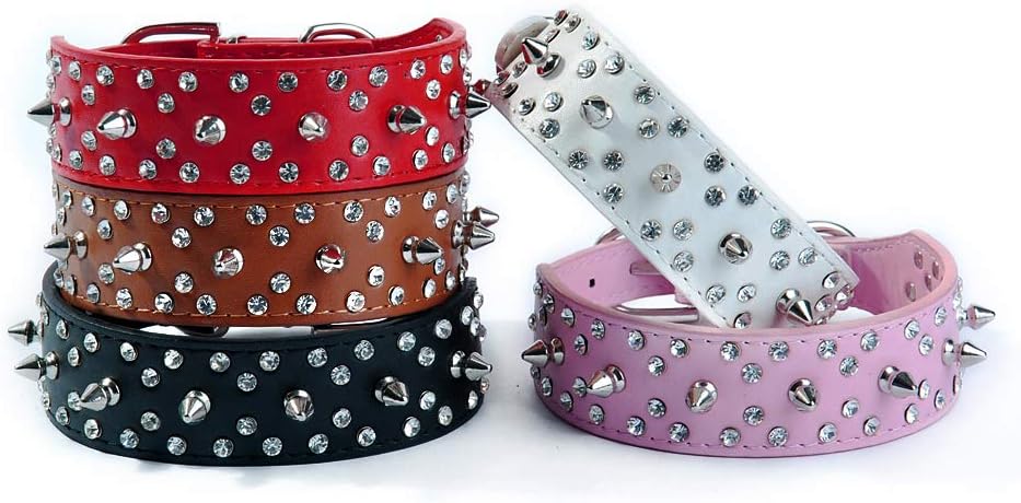 Collar de perro de piel sintética con diamantes de imitación, suave y ajustable para perros medianos y grandes (S, rosa intenso)