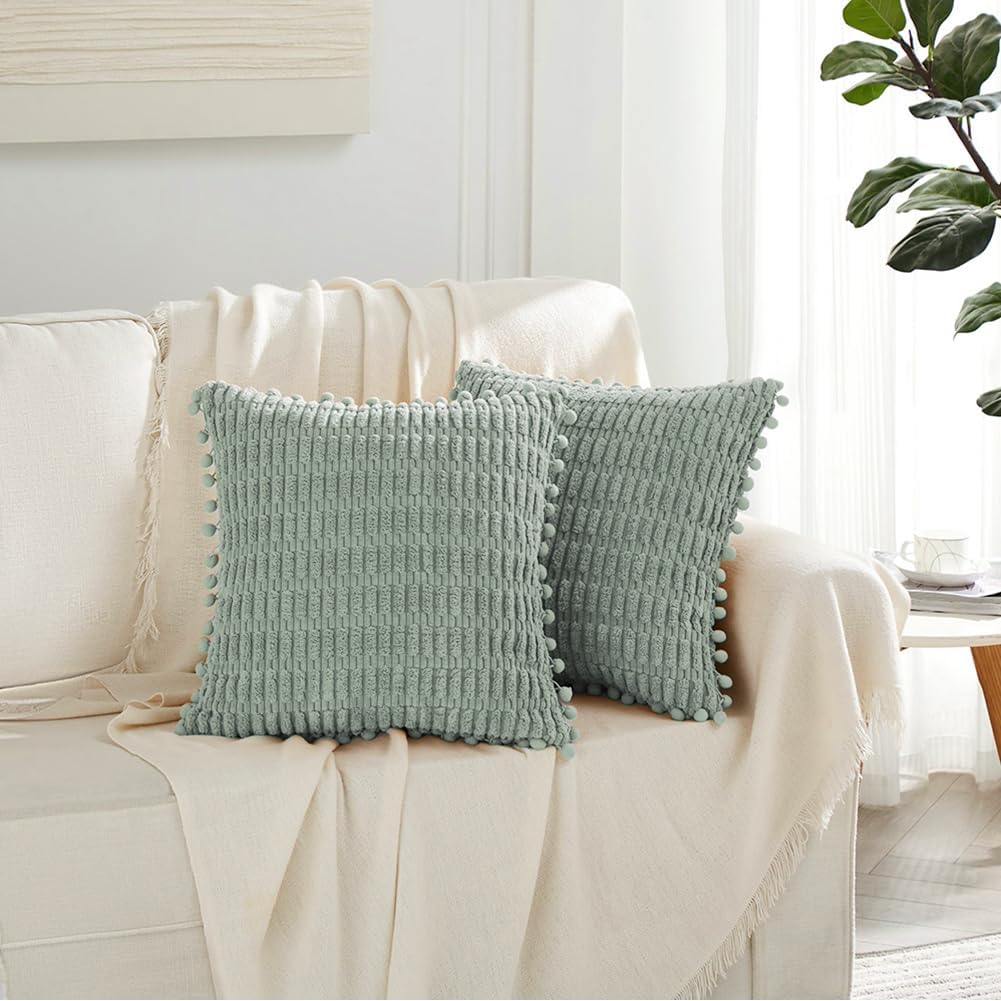 Fancy Homi Paquete de 2 fundas de almohada decorativas de granja azul grisáceo de 18 x 18 pulgadas con pompones para sofá y cama, decoración rústica