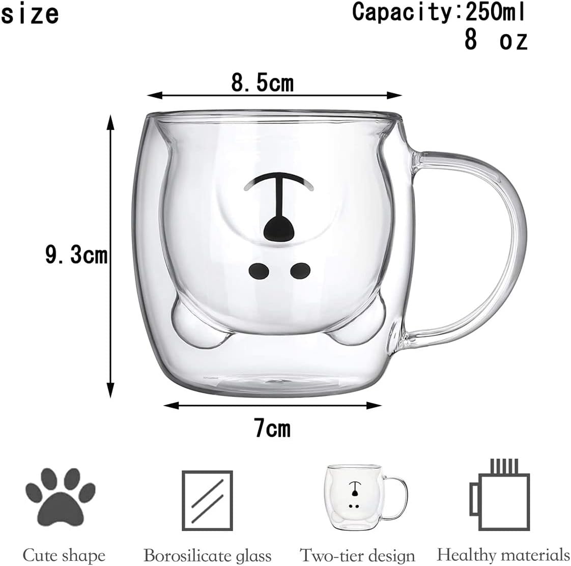 Tazas de café de oso de vidrio, capacidad de 8 onzas, 8.5 fl oz, aislamiento de doble pared, lindas tazas de café para niños, leche, cerveza para