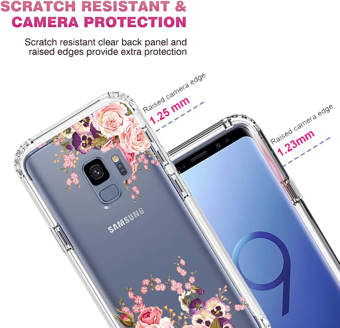 Funda para Galaxy S9, SM-G960U con protector de pantalla de vidrio templado, cuerpo completo, transparente, flexible, con diseño floral, funda para