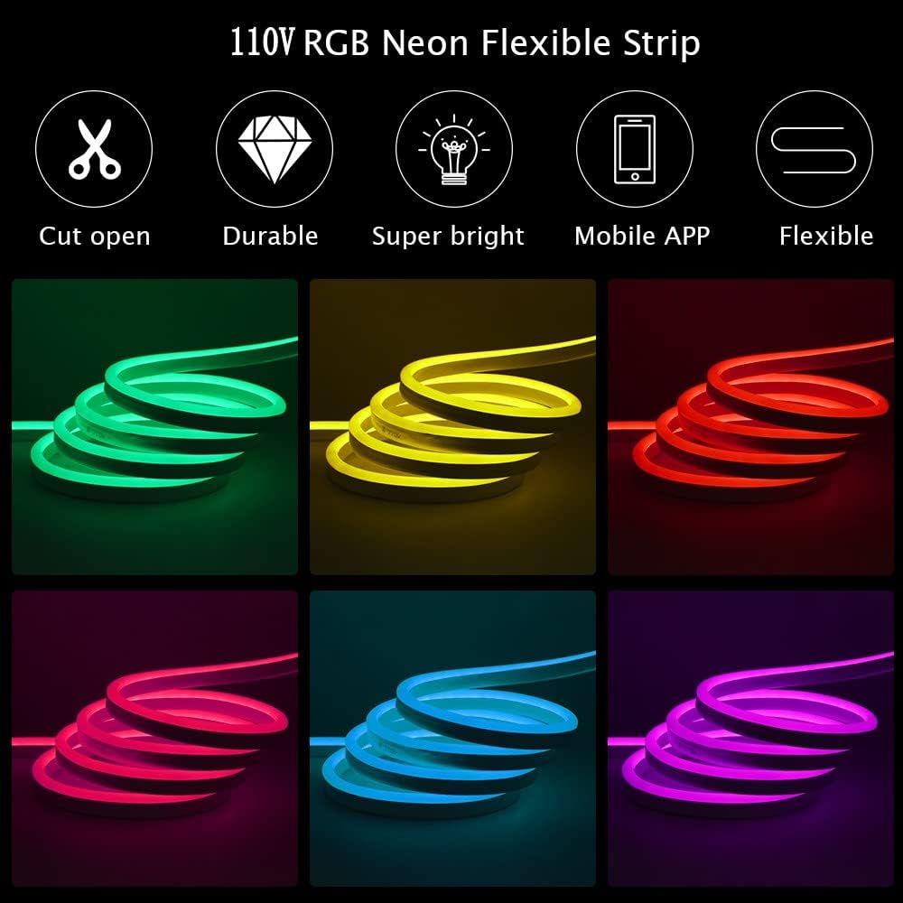 KISUFU Tira de luces LED de neón CA de 110 a 120 V, RGB 5050 SMD, multicolor, múltiples modos con control remoto de 40 teclas, cuerda de luz LED