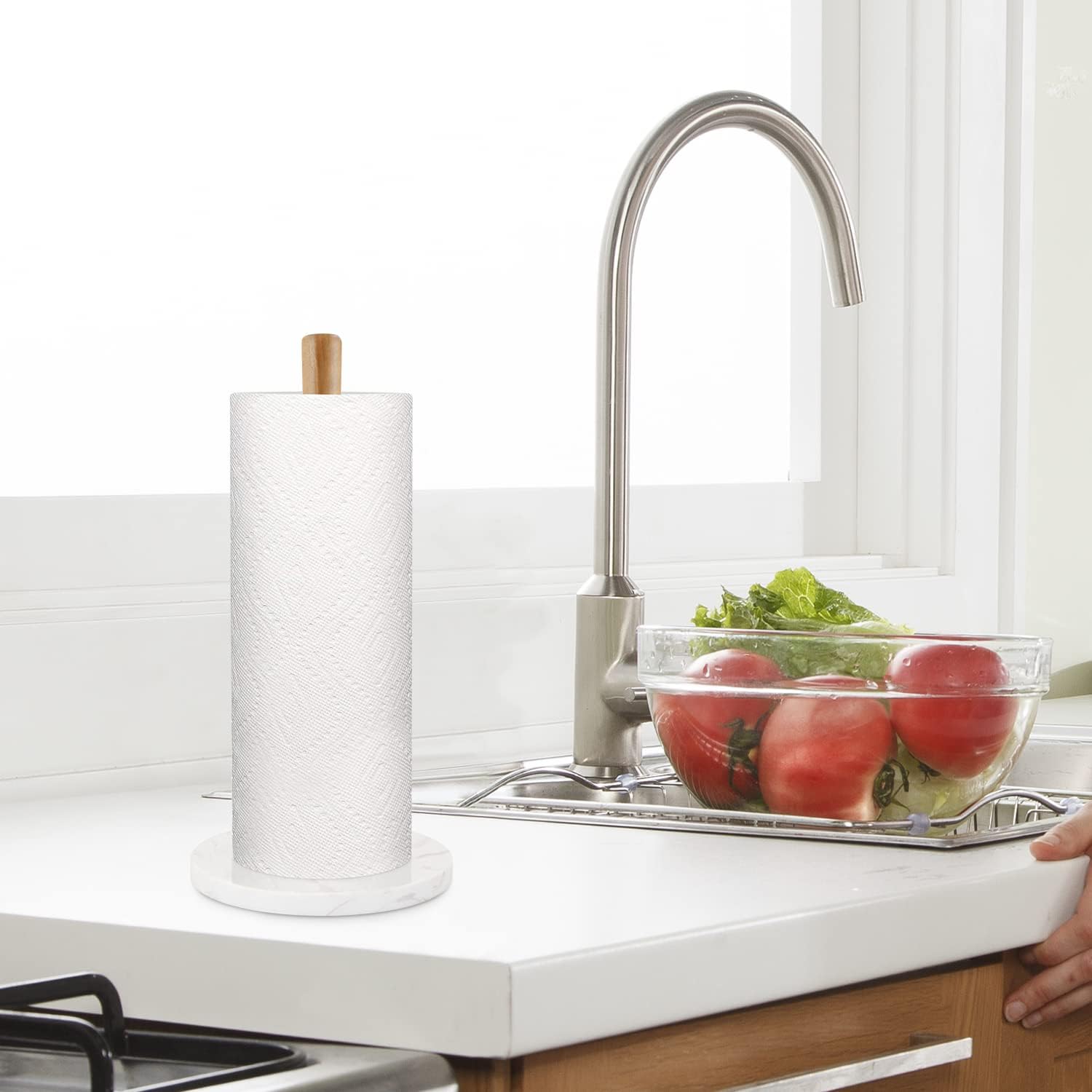 Buruis Toallero de papel de madera, base de mármol, moderno soporte decorativo para rollos de encimera, para cocina, inodoro, despensa y baño (base