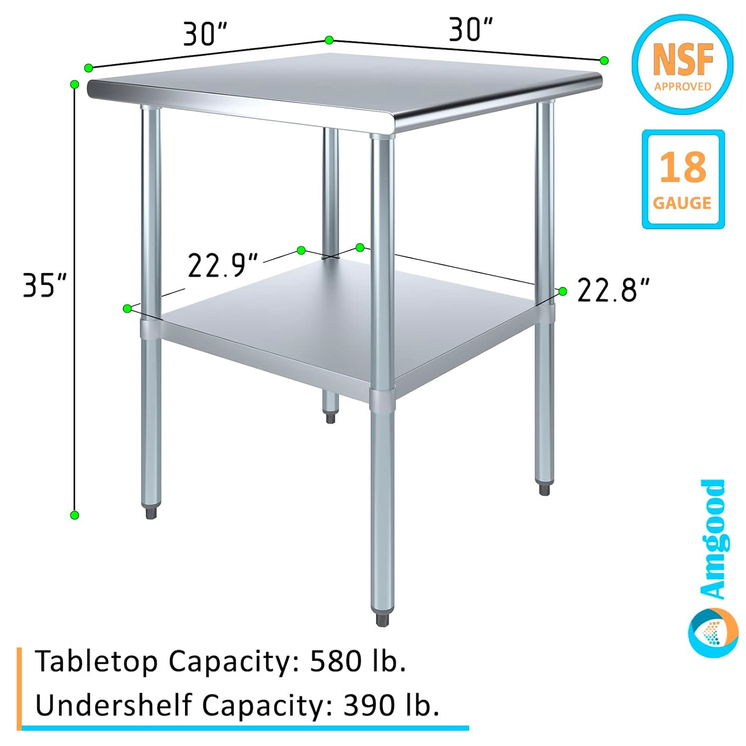 AmGood – mesa de trabajo de acero inoxidable con estante inferior Preparación de alimentos NSF (estándares de equipos comerciales de alimentos),