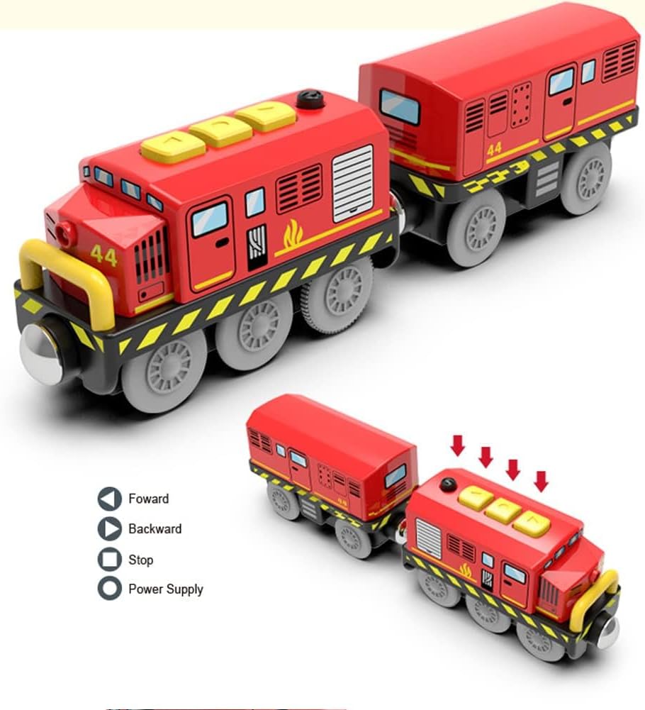 Trenes a pilas para locomotora de madera con luz y sonido para niños de 3, 4, 5 años, compatible con Thomas, Brio, Chuggington, Melissa y Doug (rojo)