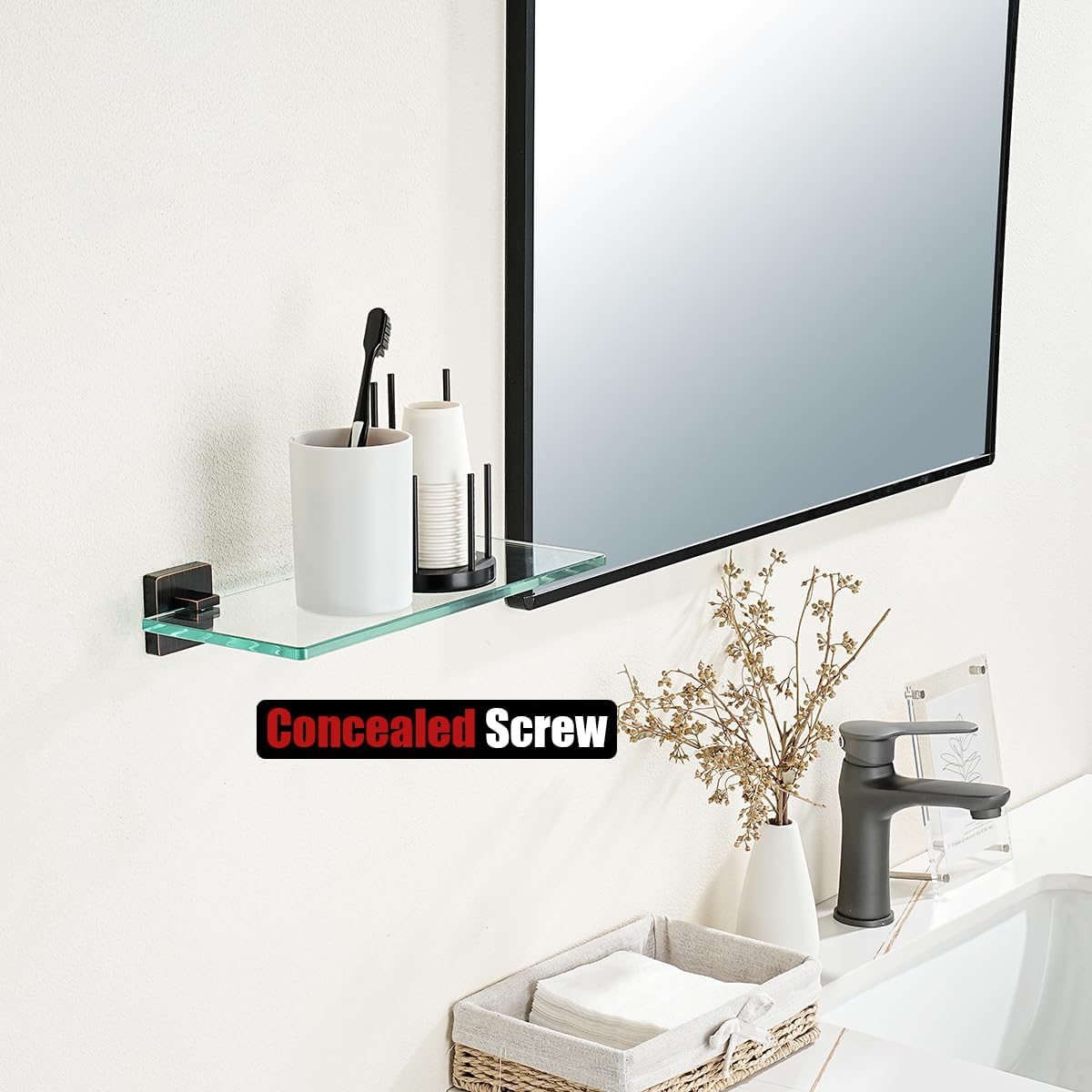 JQK TGS201L12-ORB – Estante de vidrio para baño de bronce aceitado, almacenamiento de ducha de vidrio templado de 12 x 5 pulgadas, montaje en pared