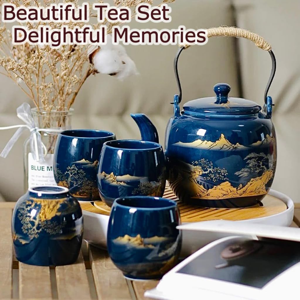 Juego de té japonés tradicional, chinoasiático para 6 adultos, bonito juego de té con bandeja e infusor, tetera de porcelana y tazas de té, tetera