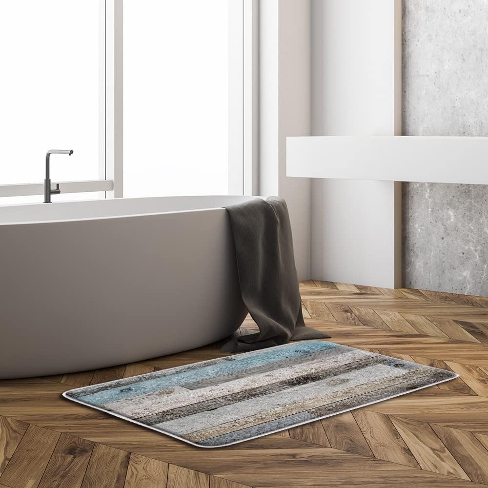 YSSFAV 2 tapetes de baño de madera rústica, azul, gris, verde azulado, vintage, para puerta de granero, espuma viscoelástica, baño, cocina,