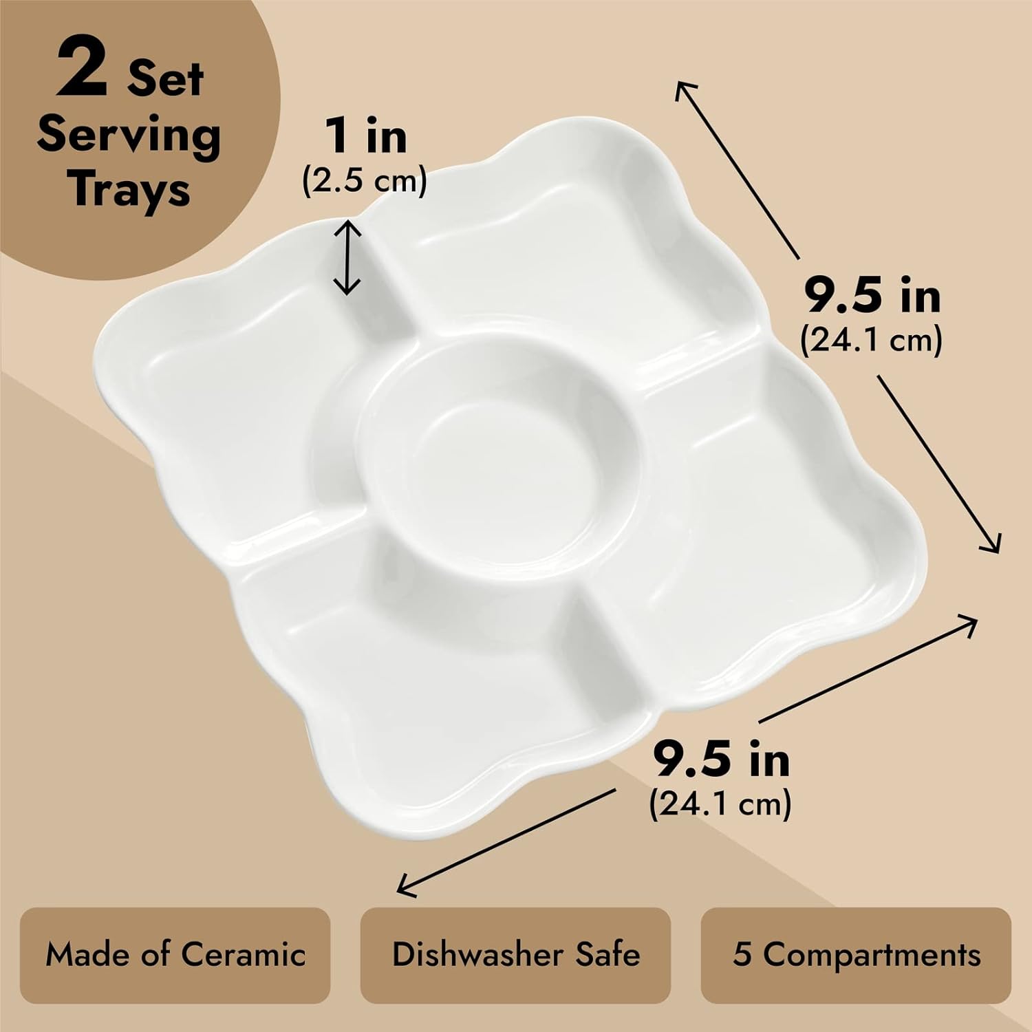 Juvale Juego de 2 bandejas de porcelana para servir aperitivos, platos divididos reutilizables de 5 compartimentos para tablas de charcutería,