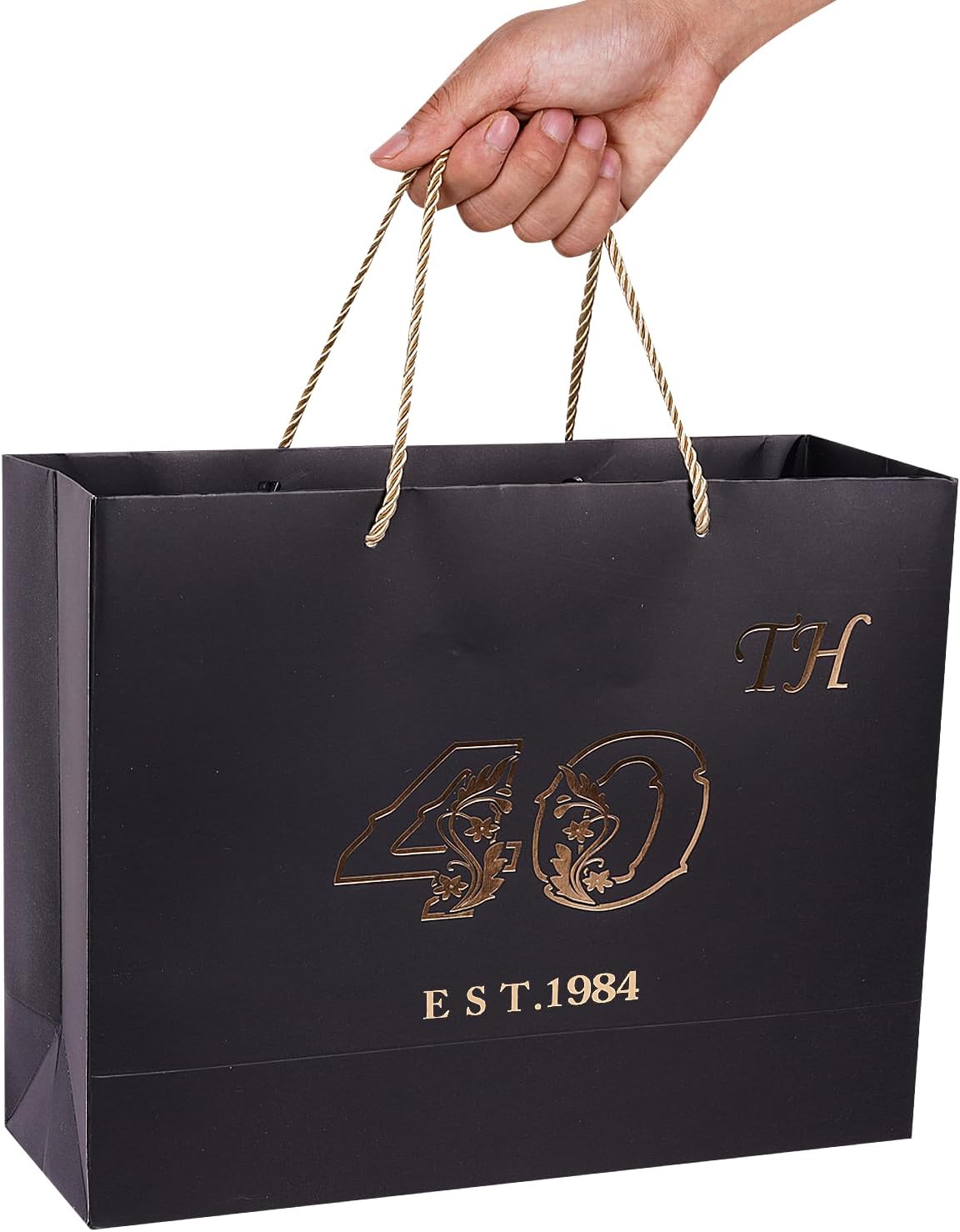 Jaywayang Bolsa de regalo grande negra de 40 cumpleaños con tarjeta y papel de seda, bolsa vintage de regalo de recuerdo de impresión metálica para