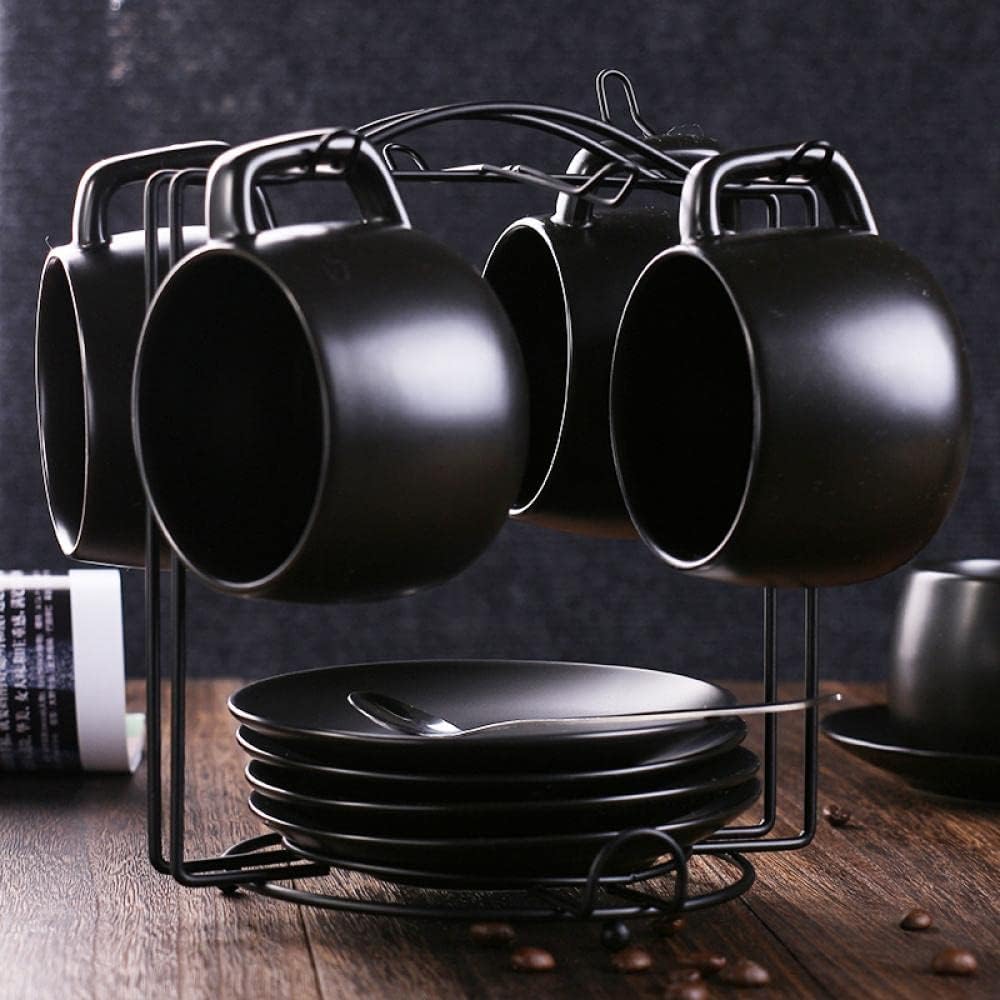 Sizikato Juego clásico de taza y platillo de porcelana negra mate, taza de té de 8 onzas con cuchara