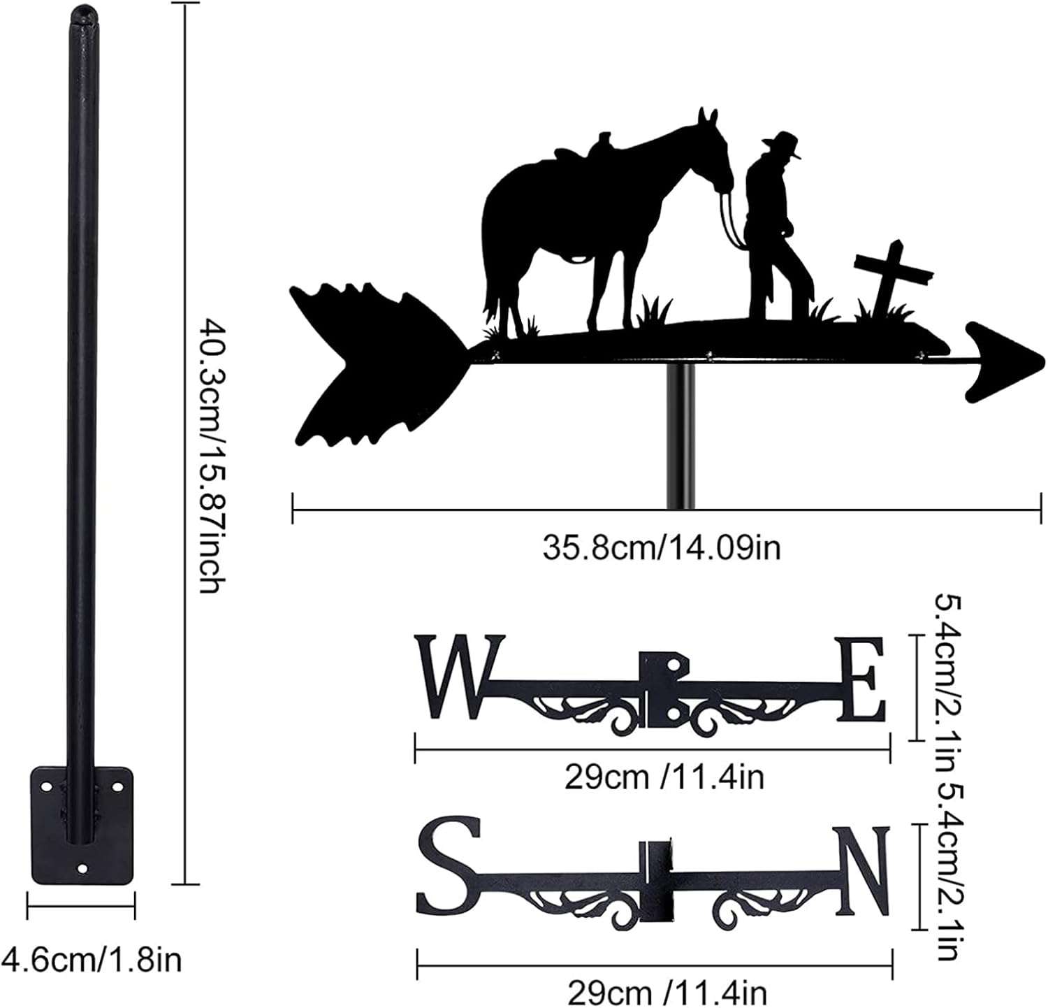 Weathervane – Adorno negro con Racer Rider Horse Western Cowboy y techo cruzado, indicador de dirección del viento para patio al aire libre, estilo 4