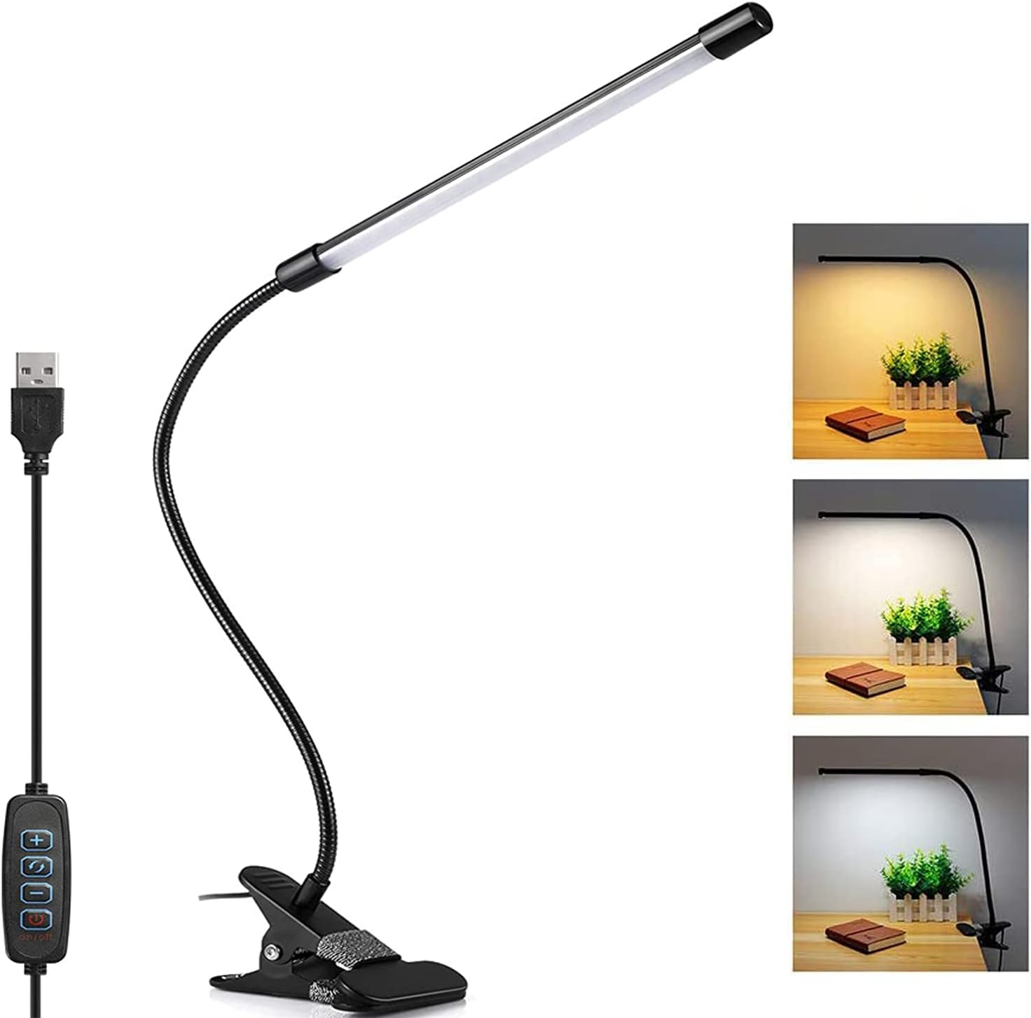 Lámpara de escritorio con clip, luz de lectura de cuidado de los ojos de 7 W con 3 modos de color, 10 brillo y memoria, regulador de intensidad