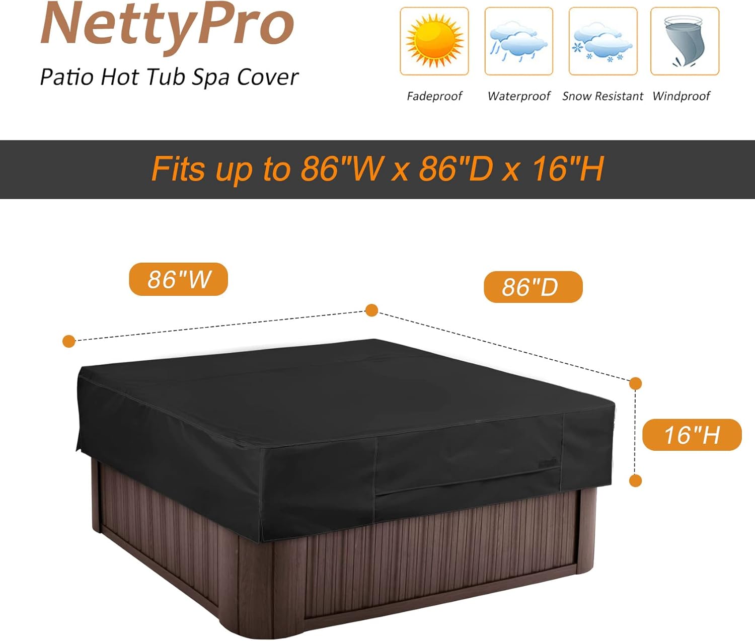 NettyPro Protector de bañera de hidromasaje, impermeable, para exteriores, para bañera de hidromasaje cuadrada, 86 x 86 pulgadas, color negro