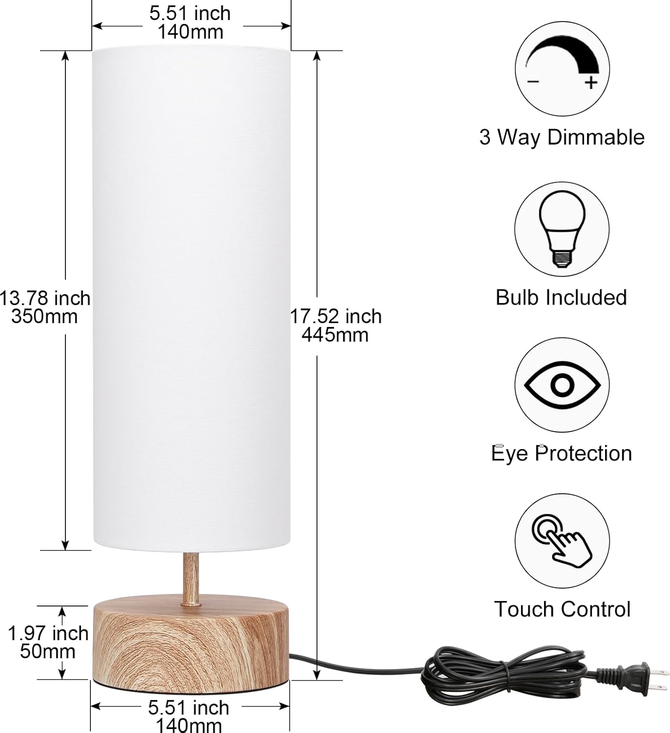 Lámpara de mesa de noche, lámpara de mesa de control táctil de 3 vías con base de grano de madera, lámpara de mesita de noche regulable con pantalla