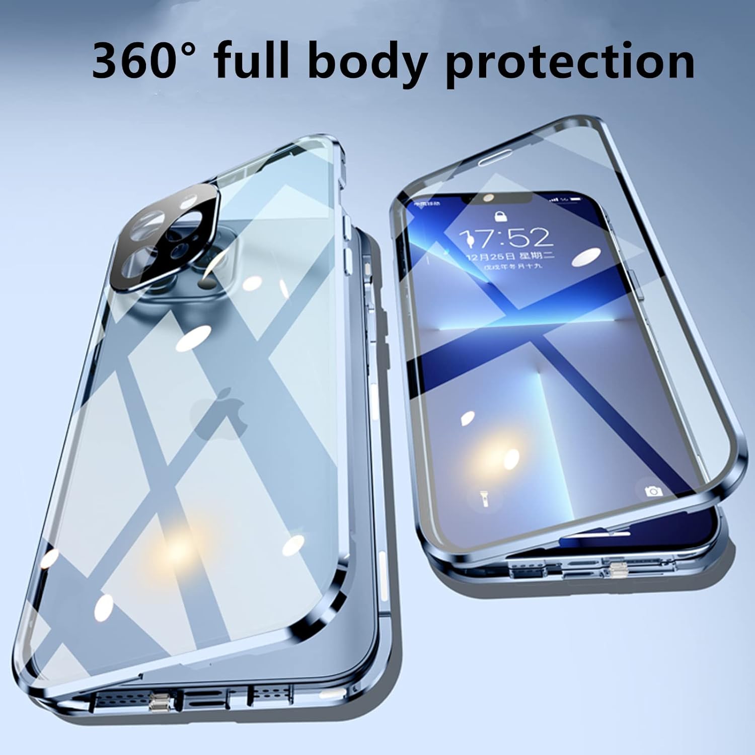 Jonwelsy Funda para iPhone 13, funda de atracción magnética de 360 grados frontal y trasera, cubierta abatible de vidrio templado transparente con