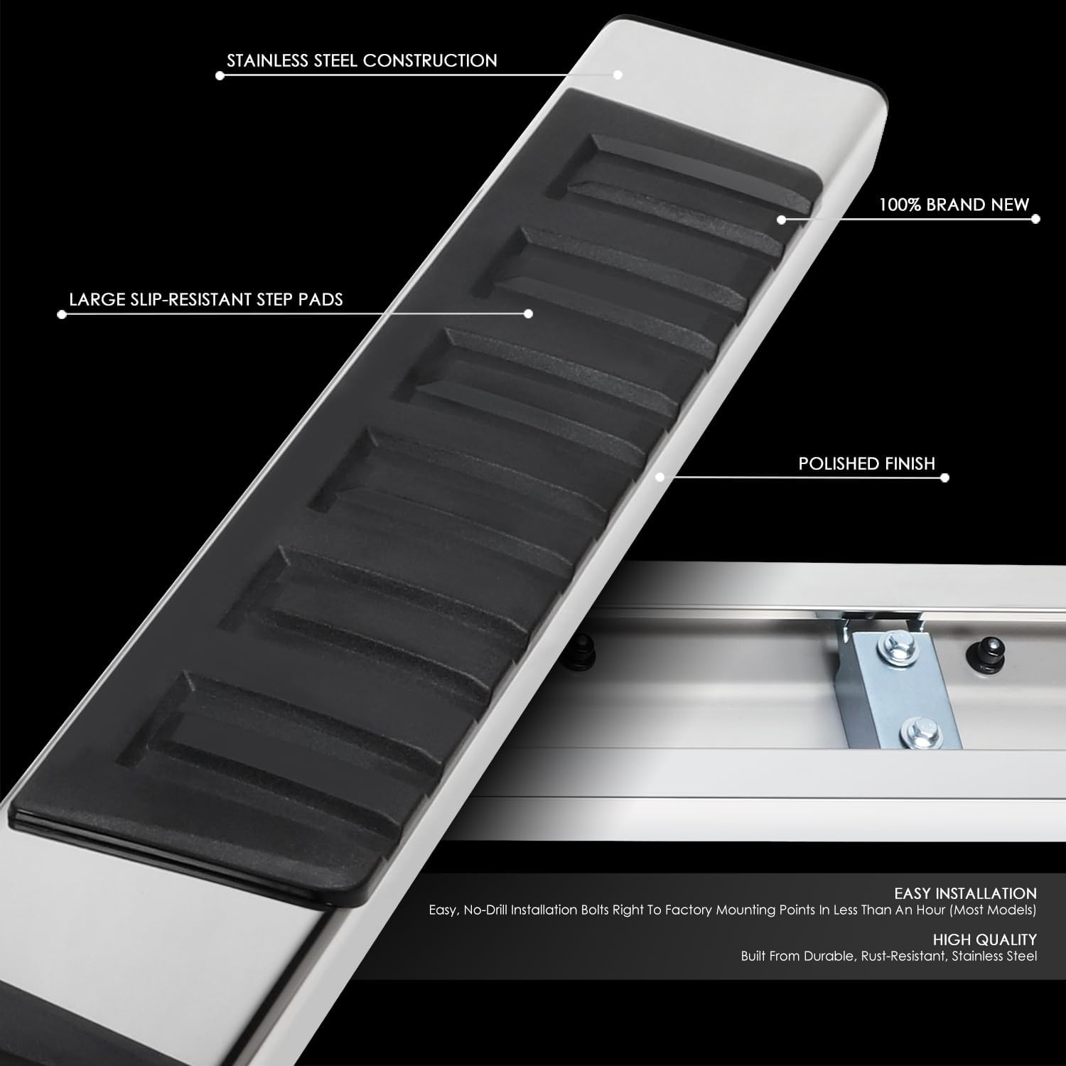 DNA MOTORING STEPB-A-0025 – Estribos laterales anchos de 6.75 pulgadas, de acero inoxidable, compatibles con Ram 1500 Crew Cab 4Dr, cromonegro,