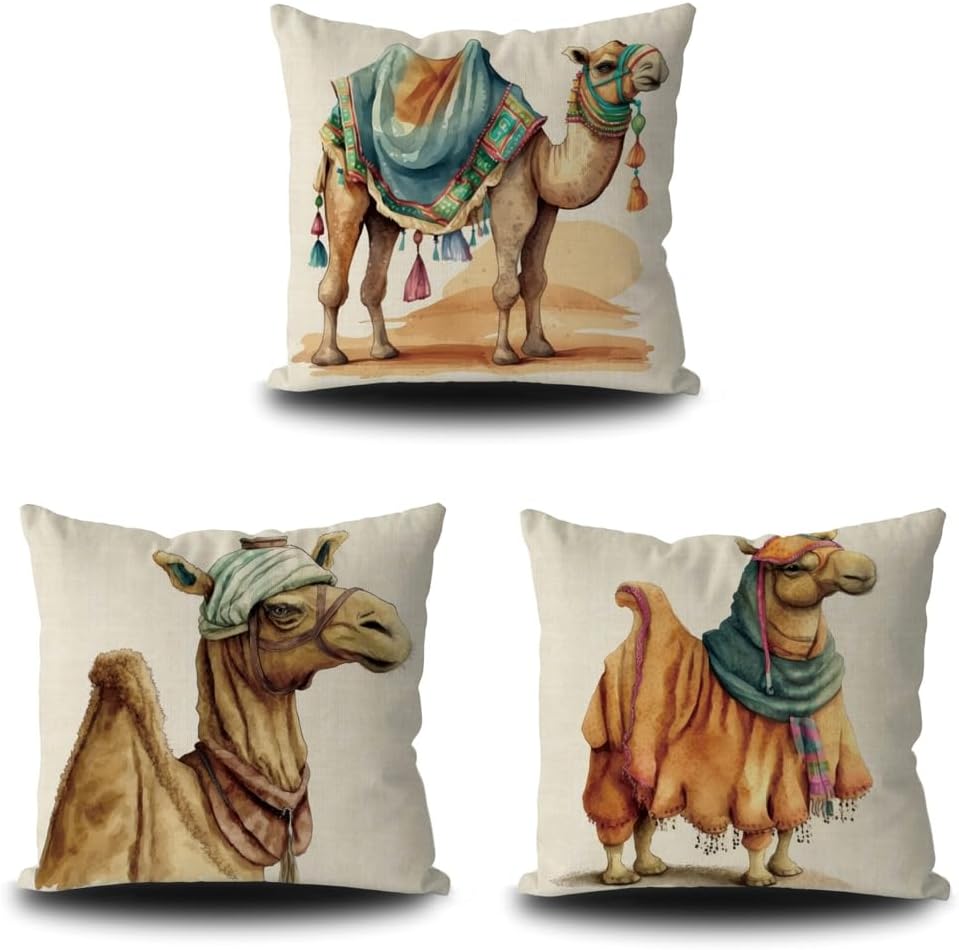 Set of 3 Camel Throw Pillow Covers 20×20 Inch Double Sides Print Exotic Camel with Middle Eastern Robe Turban Home Decor Pillowcase Square Cushion