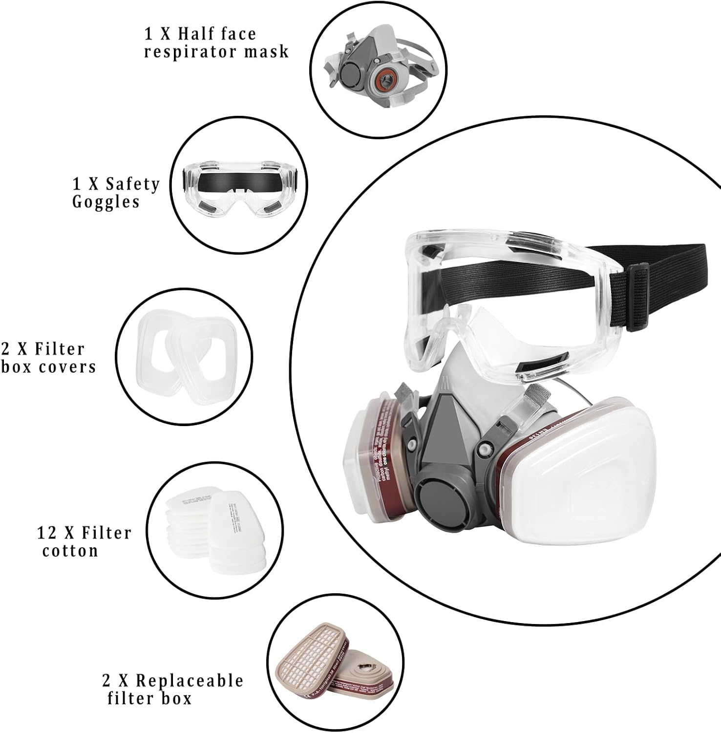 Máscara respiradora, máscara de gas 18 en 1 con gafas de seguridad, protección respiratoria profesional, filtros para pintura, productos químicos,