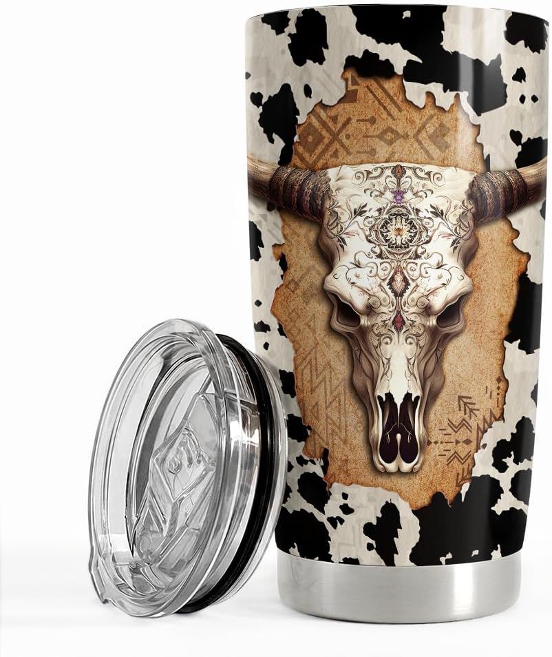 SANDJEST Vaso térmico de acero inoxidable de 20 onzas con diseño de calavera de vaca, taza de viaje para café, regalos para hombres y mujeres,