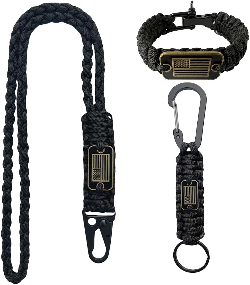 Heavy Duty Paracord Set – Lanyard Necklace, Carabiner Keychain, and Tactical Survival Bracelet for Men and Woman with Bronze USA Flag