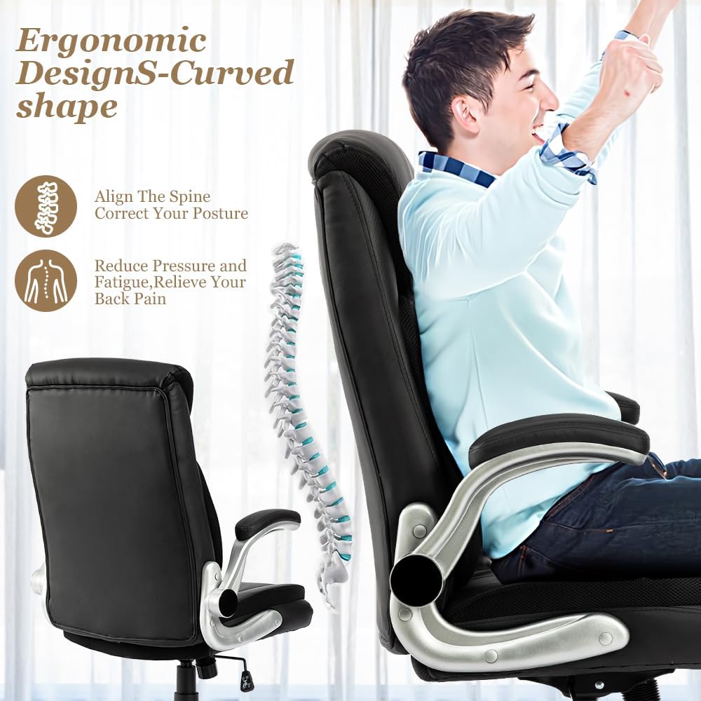 Silla de oficina grande y alta, silla de escritorio ejecutiva resistente con reposabrazos abatibles, respaldo alto, asiento ancho, acolchado grueso,