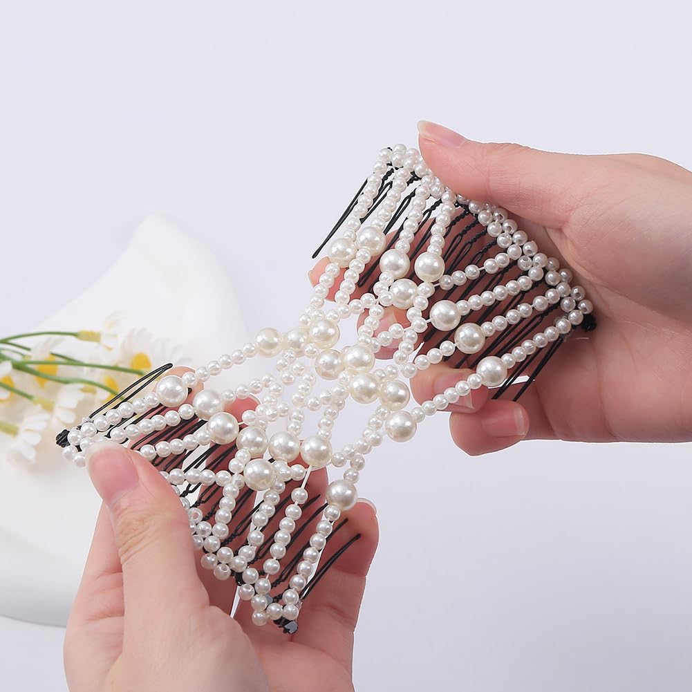 Pinza de peine de pelo de perlas sintéticas elásticas, pinzas para el cabello doble peine para el cabello, peines mágicos elásticos para cabello