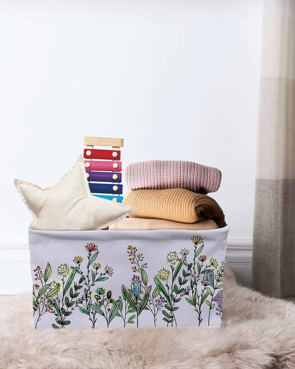Cesta de almacenamiento floral de primavera para organizar estantes, cajas de almacenamiento plegables con asa, flores botánicas vintage moradas