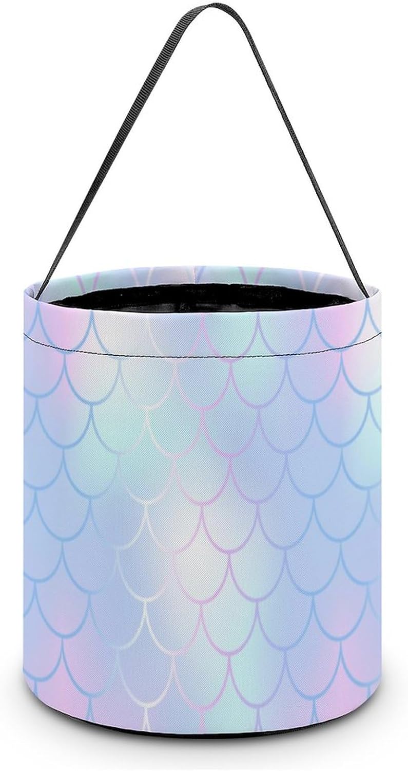 SLNFDKND Cubo de cubo de Halloween con diseño de sirena arcoíris, bolsa de dulces para niños, decoraciones de Halloween