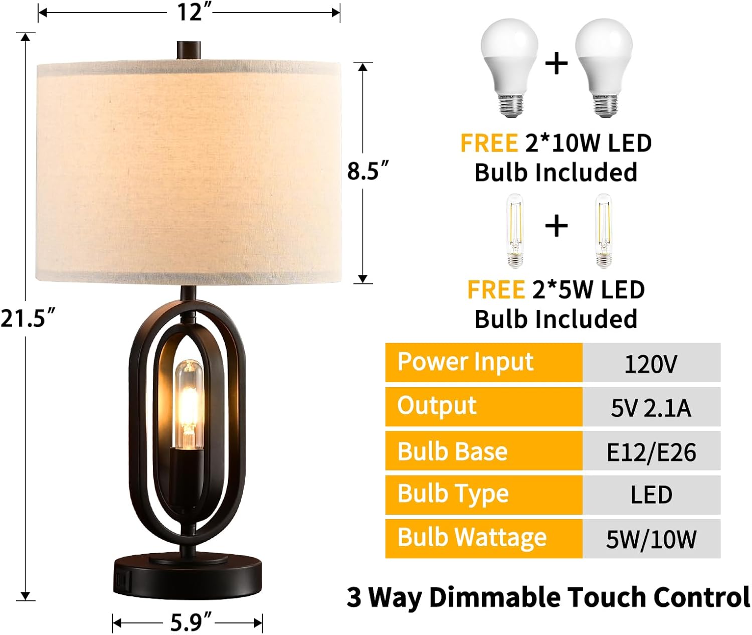 Kyrid Juego de lámpara de mesa negra de 22 pulgadas con puerto USB y tomacorriente, lámparas de mesa de noche con control táctil de 3 vías con luz