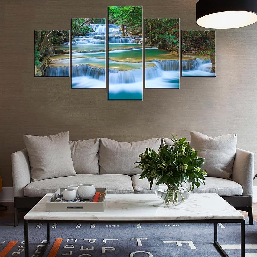 SZ – Lienzo decorativo para pared en cascada para sala de estar, 5 piezas de impresiones de estanque relajante en bosque tropical (montaje con