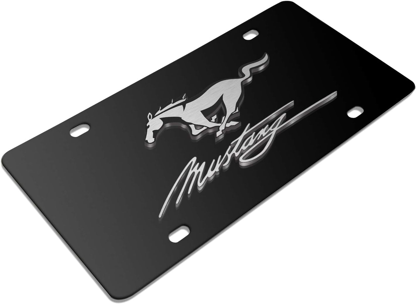 Placa de acero inoxidable negra con logotipo 3D de Ford Mustang Pony y Script, fabricada en los Estados Unidos, con licencia oficial