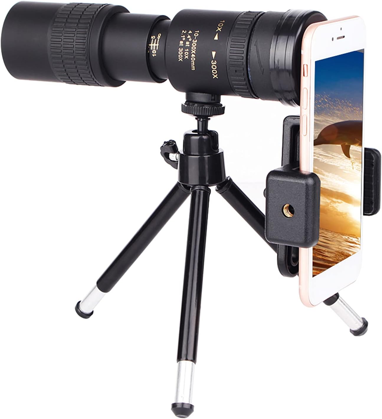 10-300X40mm BAK4 Prism Telescope Monocular Location Scope with Smart Phone Holder and Tripod for Adults Bird Watching Camping Hiking