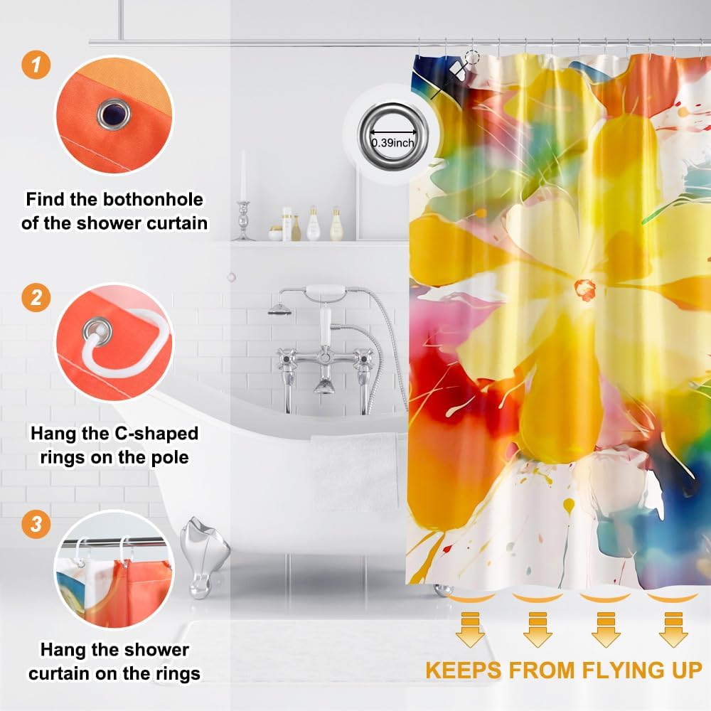 Juego de cortinas de ducha gruesas de granja, acuarela con flores bohemias para decoración de baño, tela impermeable con ganchos (margarita de