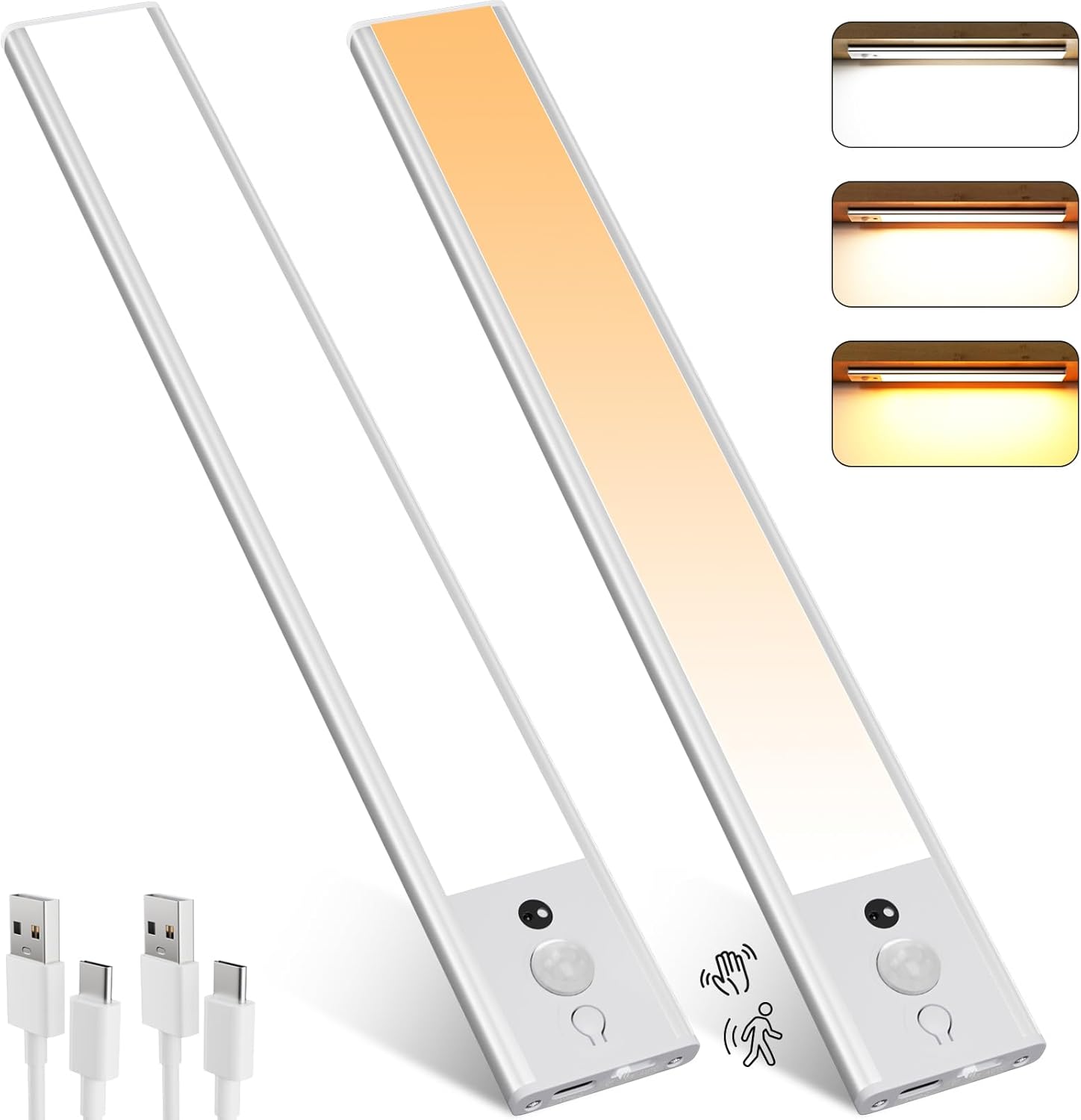 2023 120 luces LED para debajo del gabinete, 3 temperaturas de color, paquete de 2 luces con sensor de movimiento de 11.8 in para interiores, luces