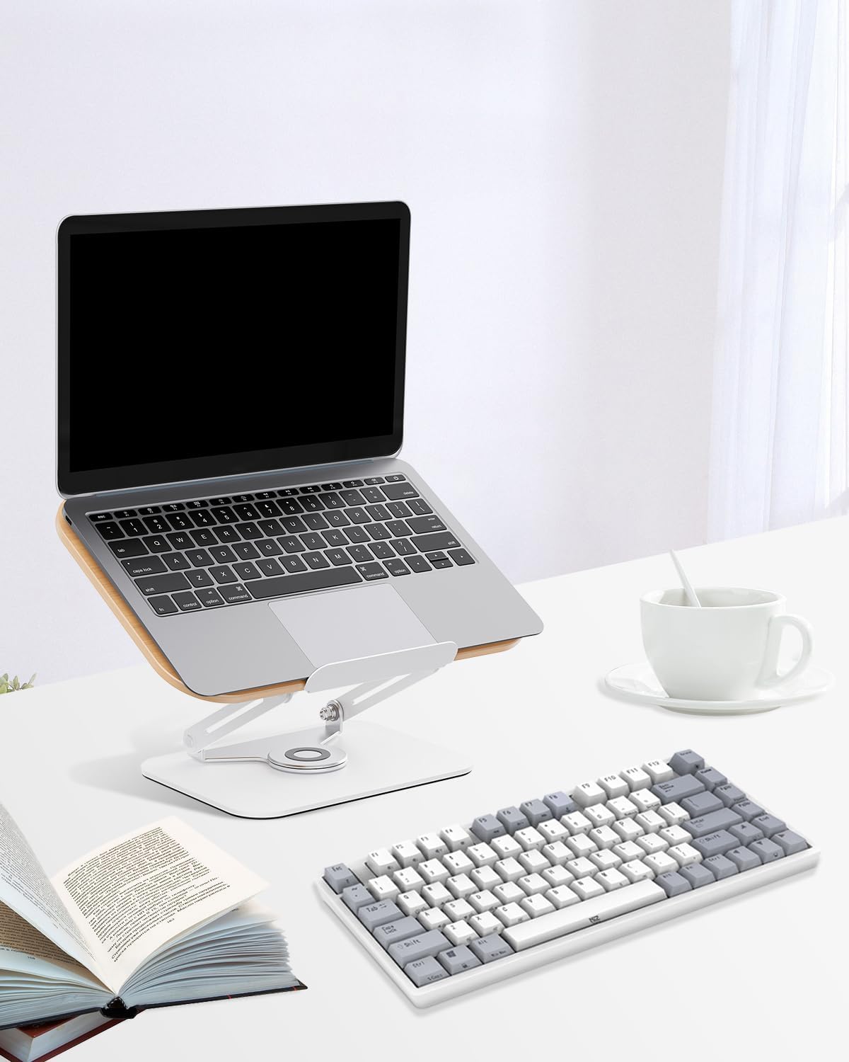 Soporte para libros, soporte para leer manos libres, soporte de escritorio ajustable con base giratoria de 360 grados y clips de página, soporte