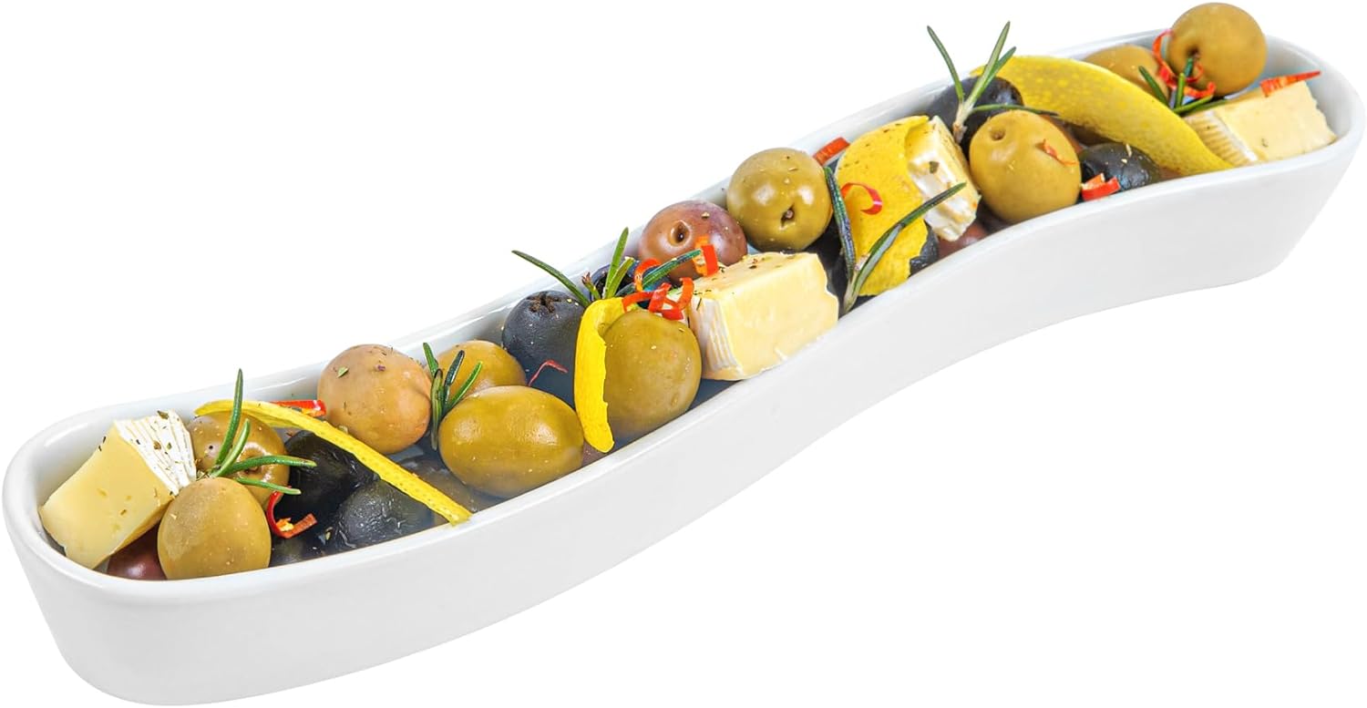 Restaurantware Swerve – Plato de oliva de 10 onzas, 1 bandeja curvada de aceituna, resistente a astillas, canoa de olivo de porcelana blanca, apta
