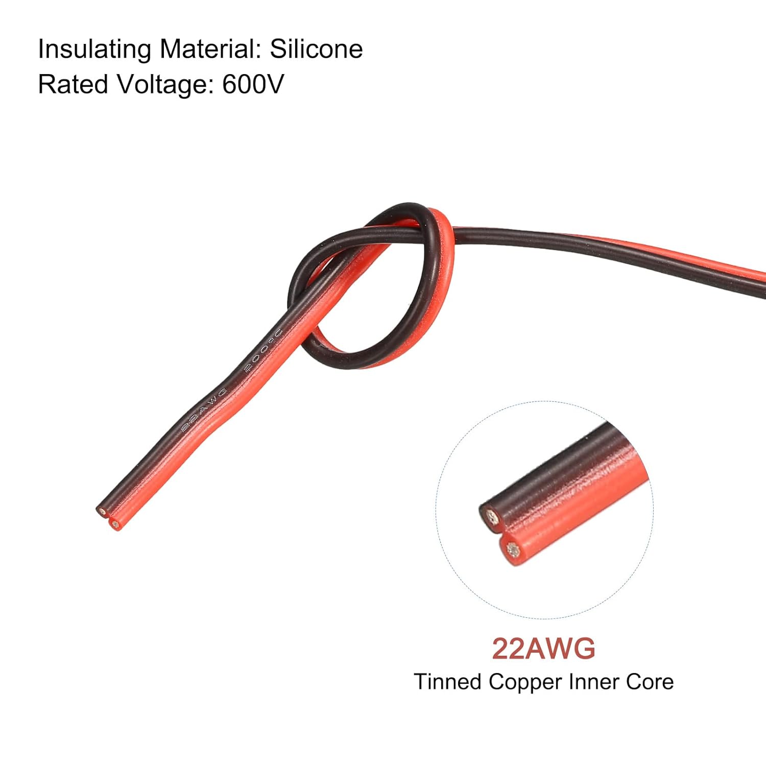 MECCANIXITY Alambre de calibre 22, 2 conductores, alambre de silicona paralelo de 22 AWG, alambre eléctrico de cobre estañado de 4.9 ft5 pies para
