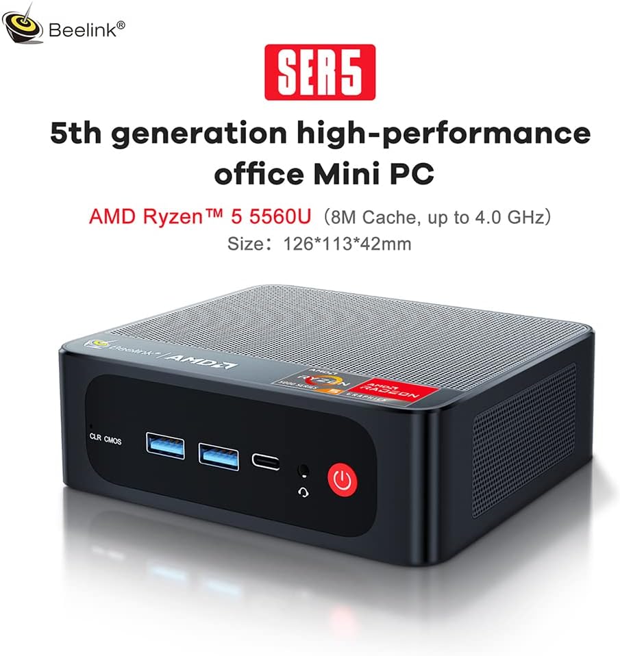 Beelink SER5 Mini PC W11 Pro, AMD Ryzen 5 5560U (6C12T hasta 4 GHz), 8 GB DDR4 500 GB NVME SSD Graphics 7 core 1800 MHz WiFi 6BT5.2triple pantalla