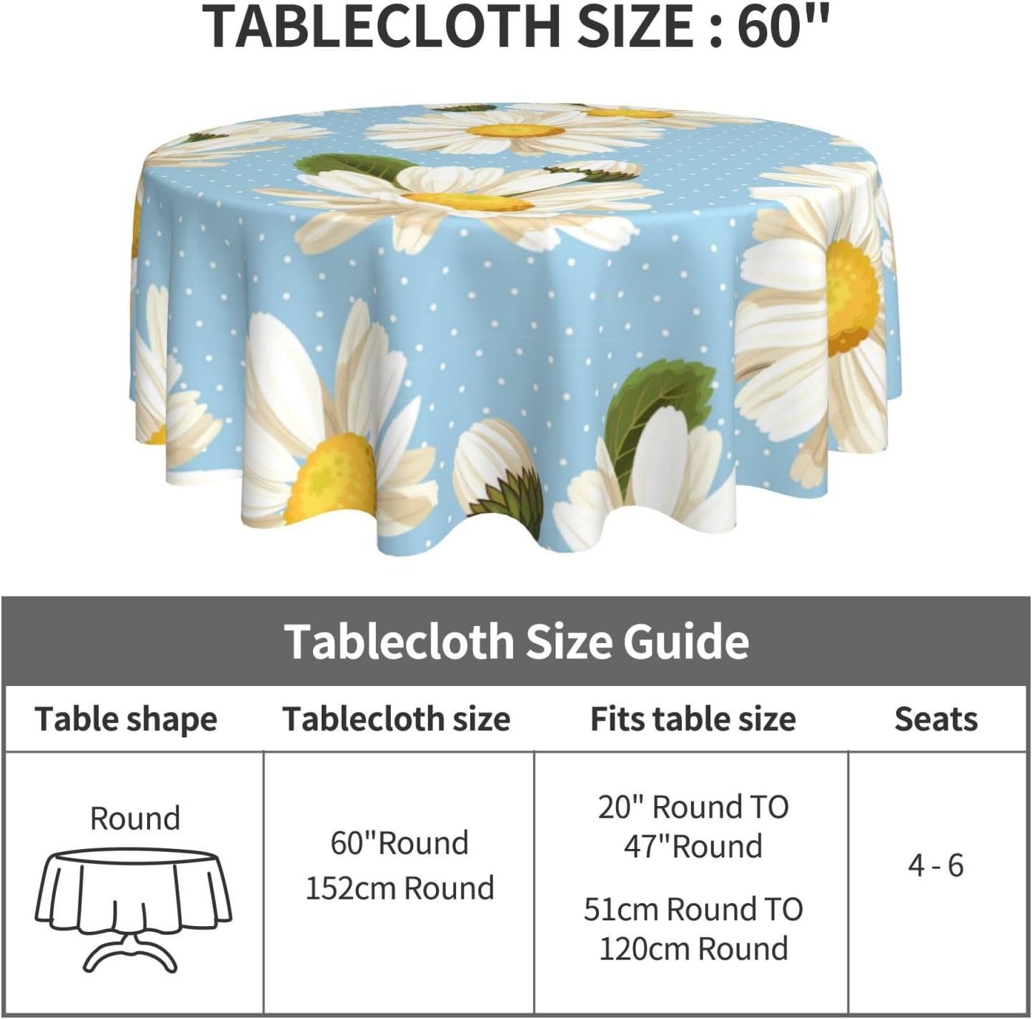 Daisy Tablecloth Round Table Cloths 60 Inch Wrinkle Resistant Picnic Table Covers Washable for Kitchen Party Fall Decorations for Home