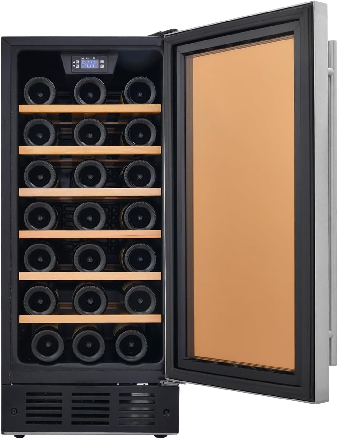 Enfriador de vino de 15 pulgadas debajo del mostrador, refrigerador de vino integrado de 33 botellas, puerta de vidrio debajo del gabinete, acero