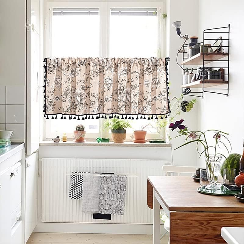 Cortinas de lino con borlas bohemias para ventana, semiopacas, panel geométrico bohemio para sala de estar, cocina, cafetería, comedor, cenefas