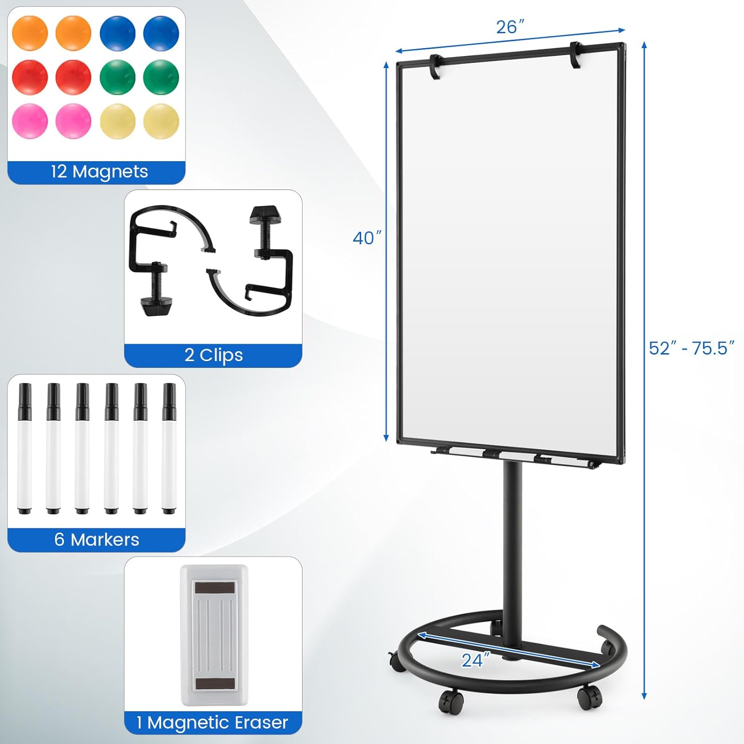 Goplus Pizarra blanca móvil, 40 x 26 pulgadas, altura ajustable, pizarra blanca magnética con soporte redondo estable, clips de papel y bandeja de