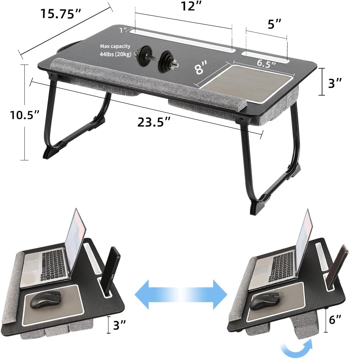 Escritorio para computadora portátil, escritorio de regazo 3 en 1 con cojín para laptop de 17 pulgadas, altura ajustable plegable, con alfombrilla